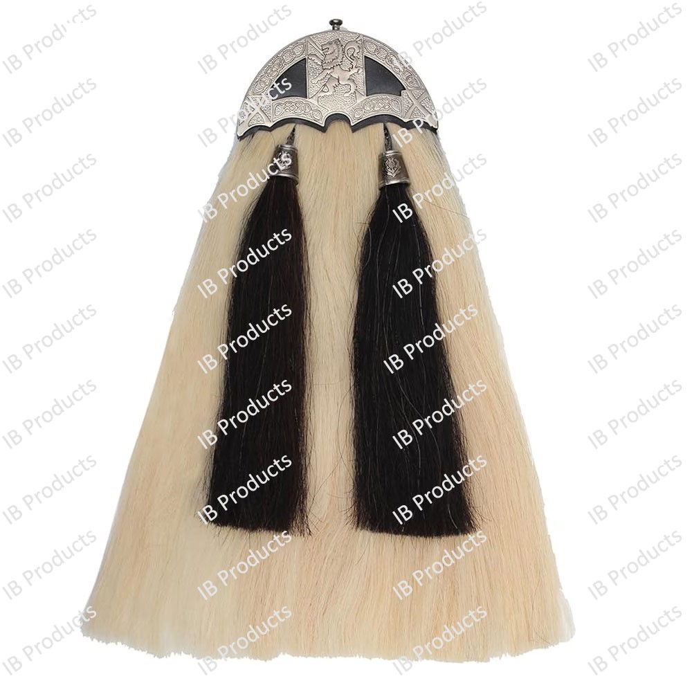 White Horse Hair Sporran Rampant Lion Badge 100% Original Two Black Tassels Long