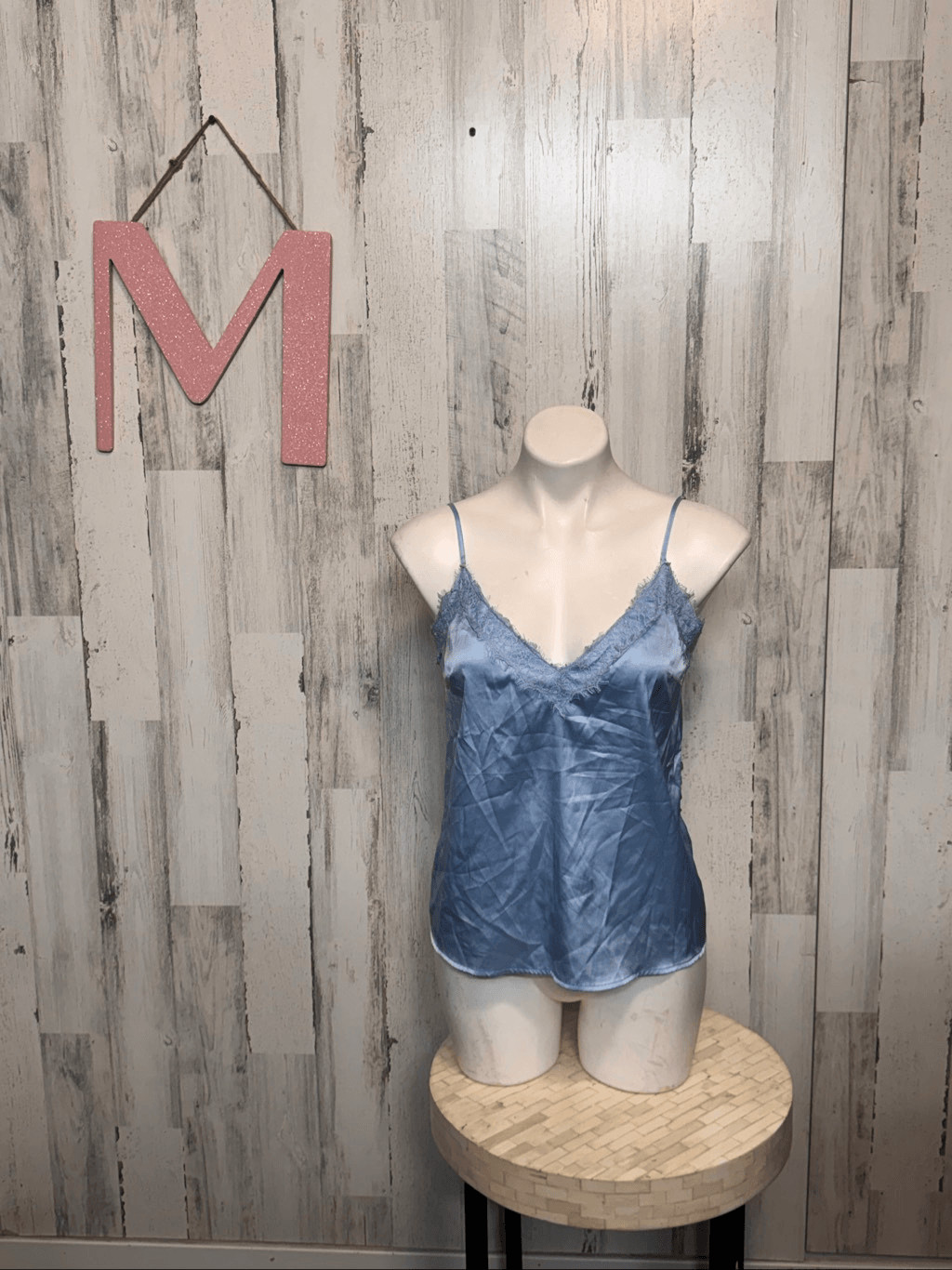 Forever 21 Blue Satin Lace Trim Cami Top Size Medium Adjustable Straps