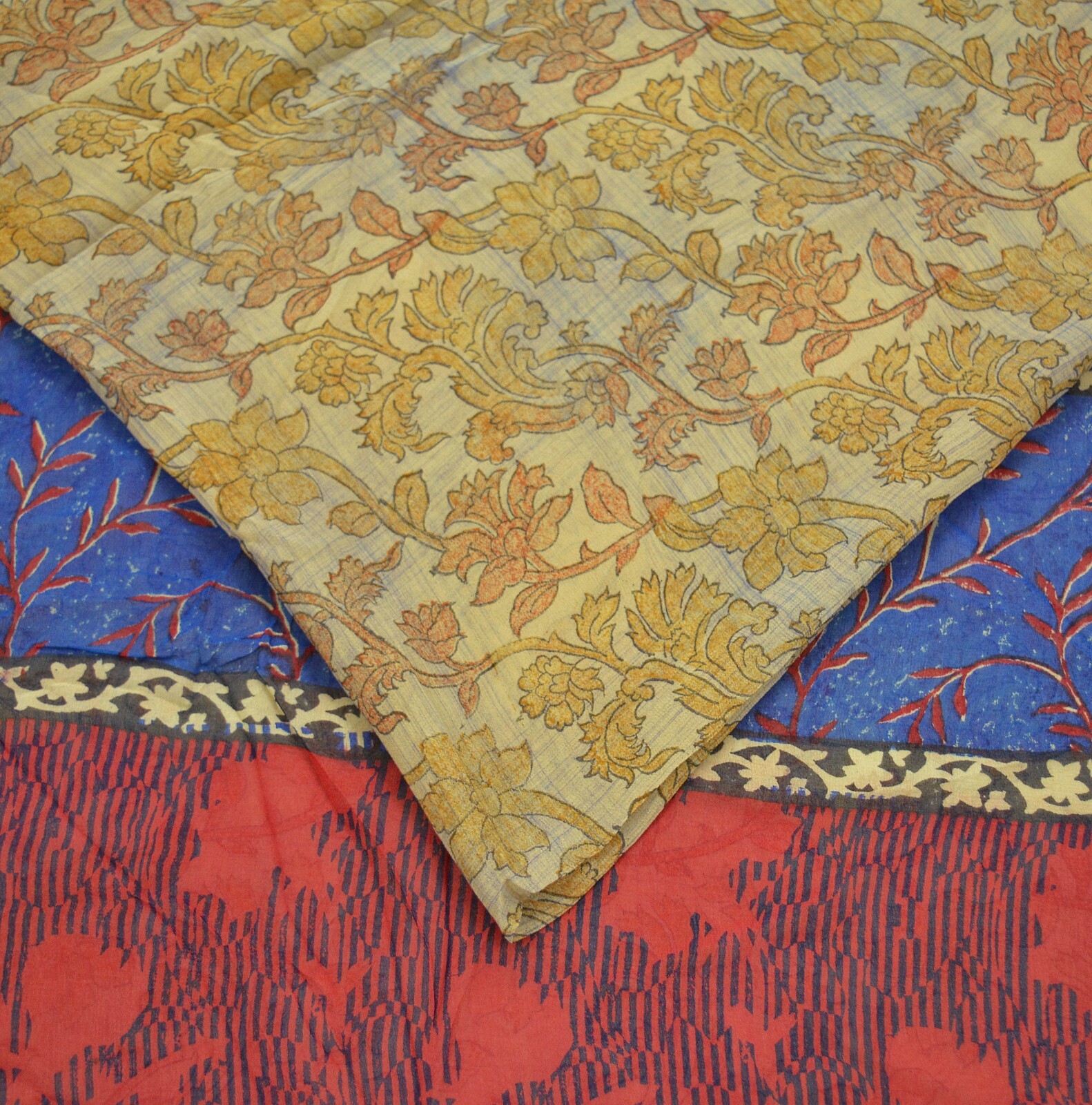 Indian Vintage Sari Beige & Blue Pure Georgette Silk Sarees Craft Fabric Sewing