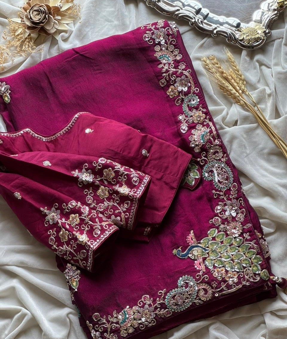 soft space silk saree sequence coding handwork with same work blouse .