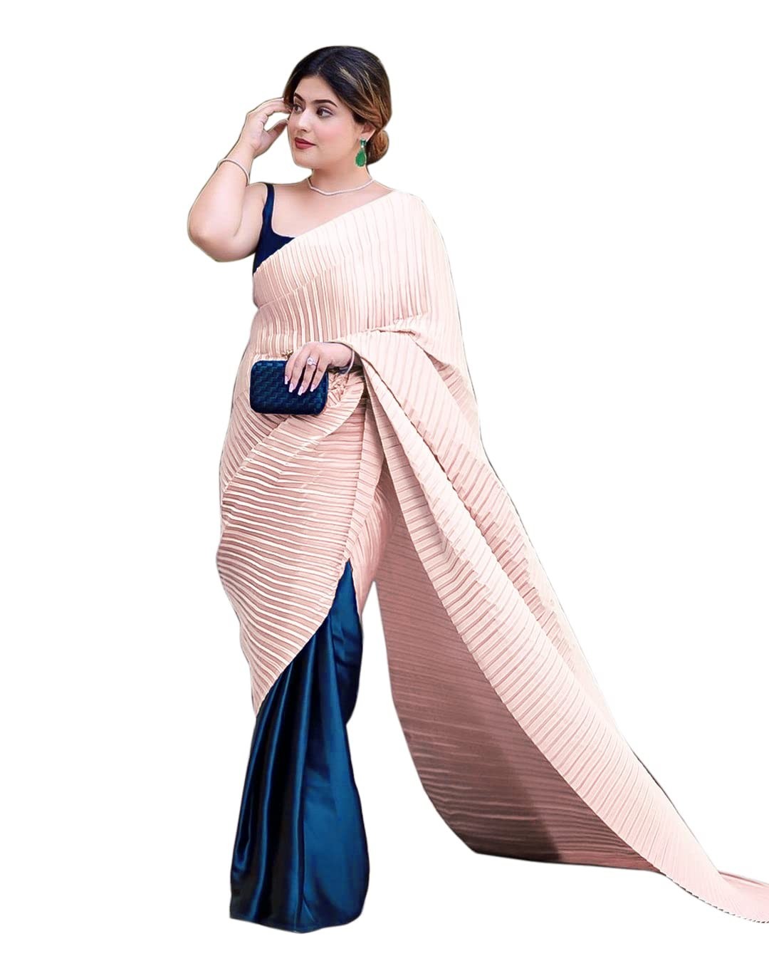 Women’s Pleated/Crushed Plain Chinon Saree With Unstitched Blouse Piece