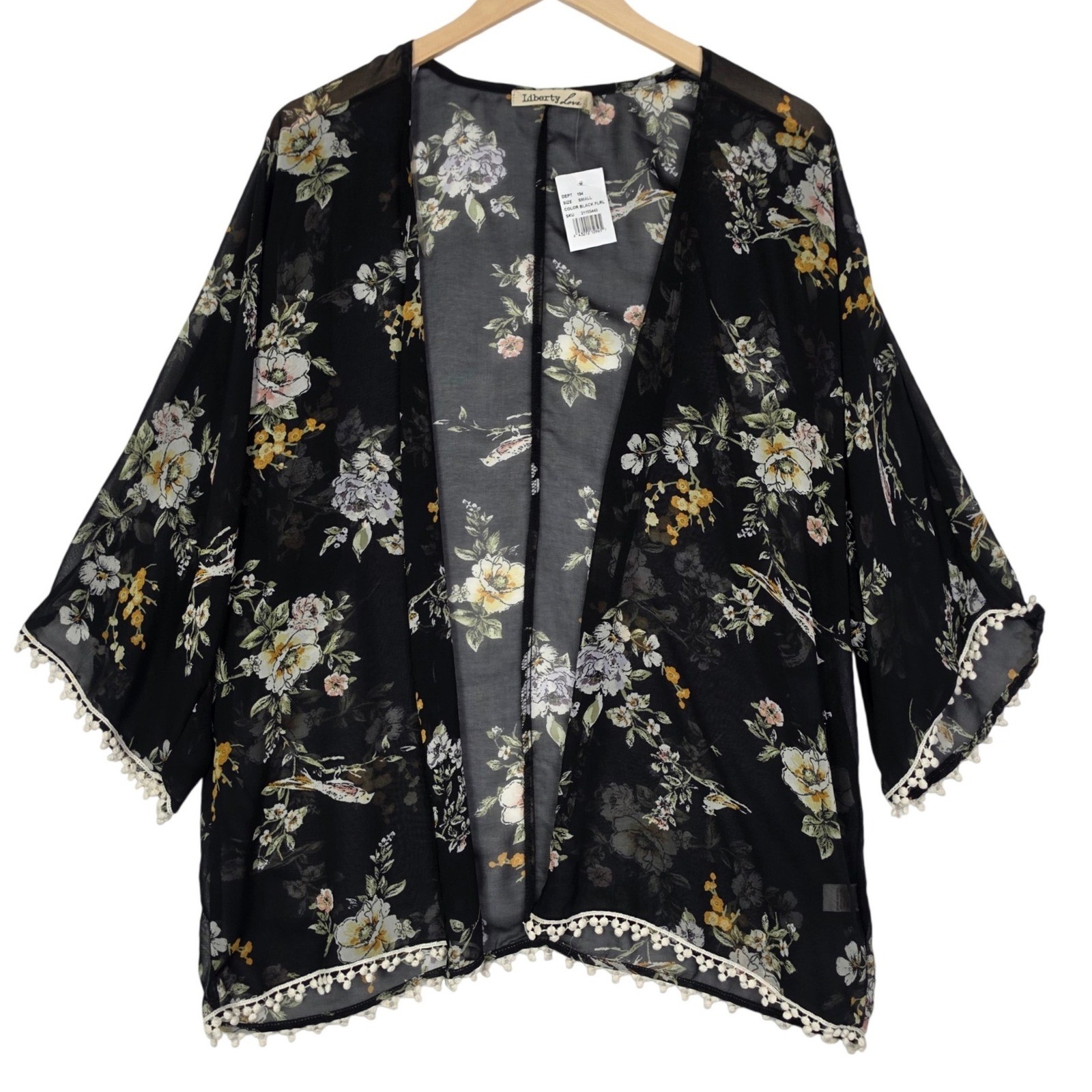 Liberty Love Kimono Small Black Floral Sheer Pom Trim Boho NWT