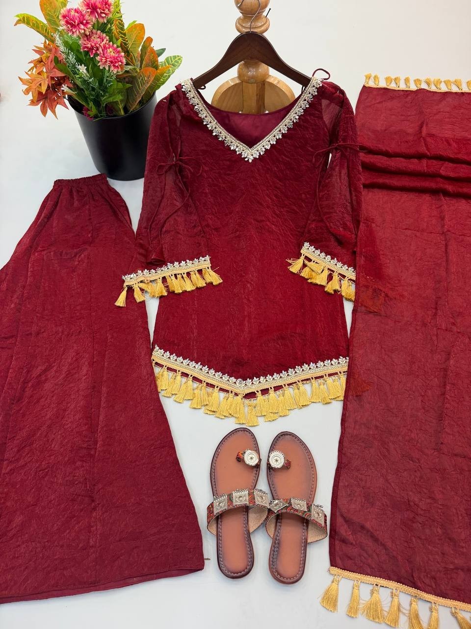 Bollywood Style Doremon Crush Maroon Top Palazzo With Dupatta For Reception