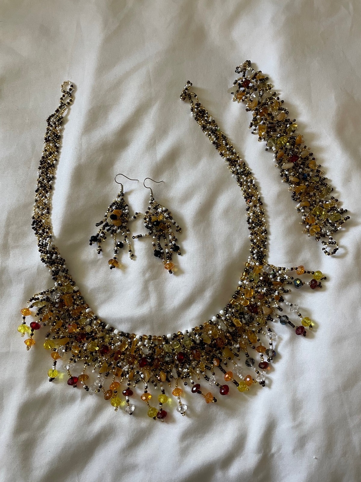 Handmade Mexican Huichol Bead Necklace, Bracelet & Earrings Jewelry Set