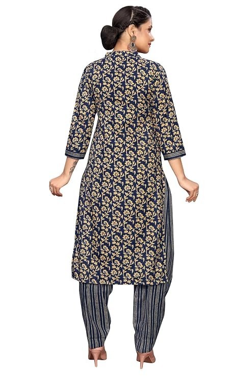 Navy Blue Cotton Blend Printed Ready to Wear Patiala Salwar Suit