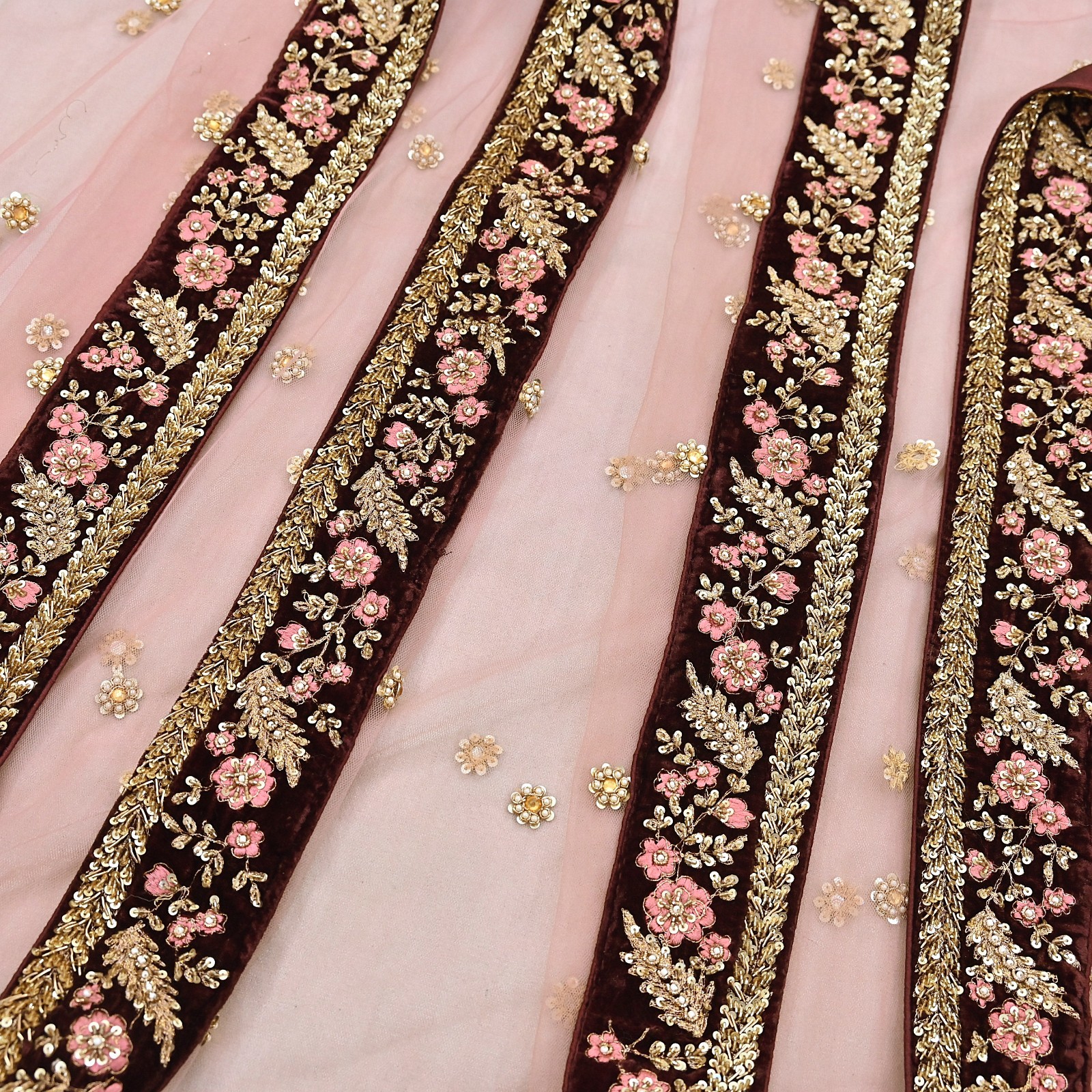 Indian Heavy maroon & pink Net/velvet Hand Embroidered Designer Lehenga 3pcs Set