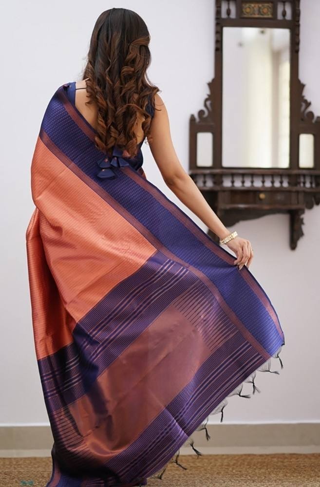 Elegant Peach Orange & Roy Saree with Blouse Jacquard Border Indian Wedding Wear