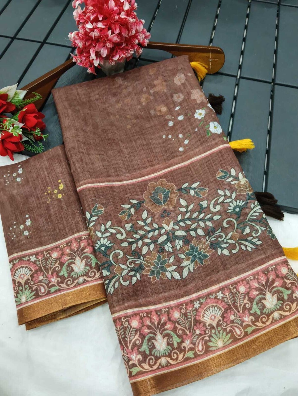 Printed Kanjivaram Pure Cotton, Cotton Linen Saree (Multicolor)