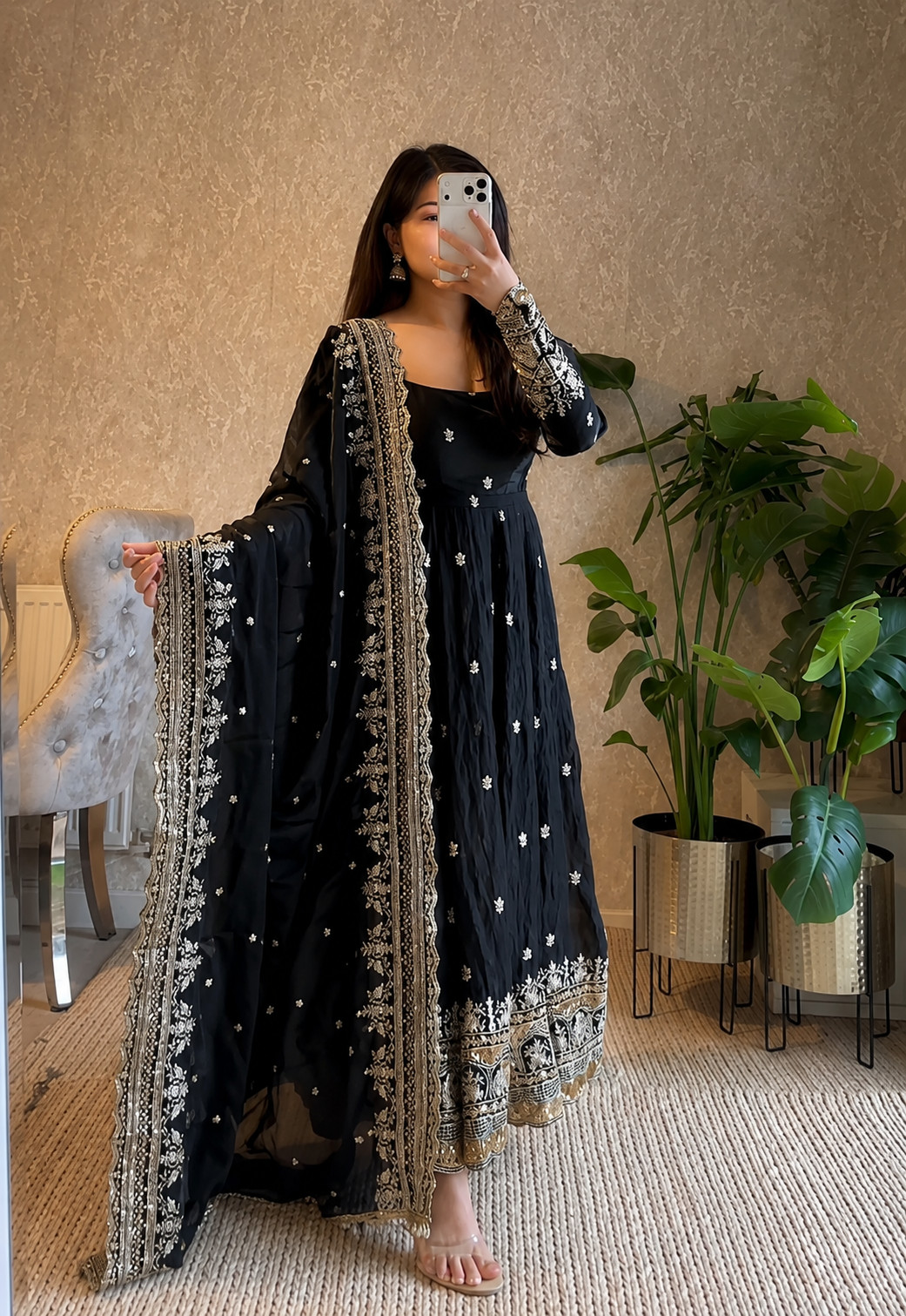 Black Fendy Silk Heavy Embroidery Ready Made Anarkali Salwar Kameez Party Wear