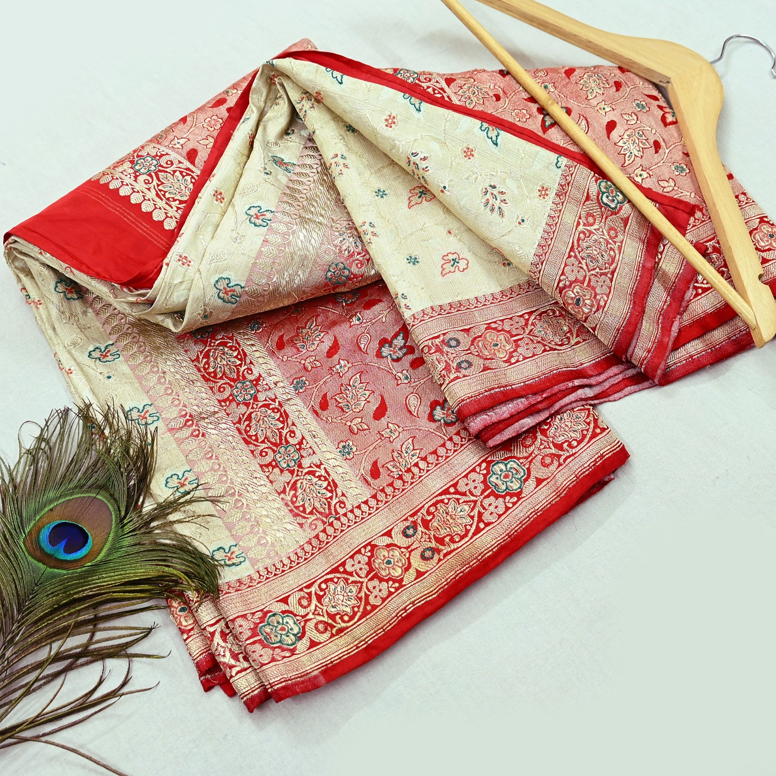 Indian Antique Vintage Heavy Sari Red & White Pure Satin Silk Hand Woven Saree