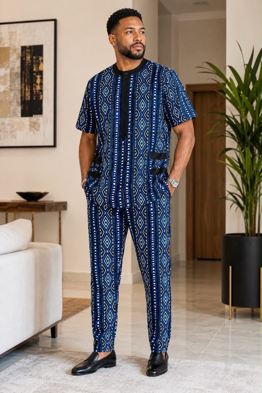 Nigeria/African 2pc Set Blue Ankara Men’s Native Traditional Senator Style Wear