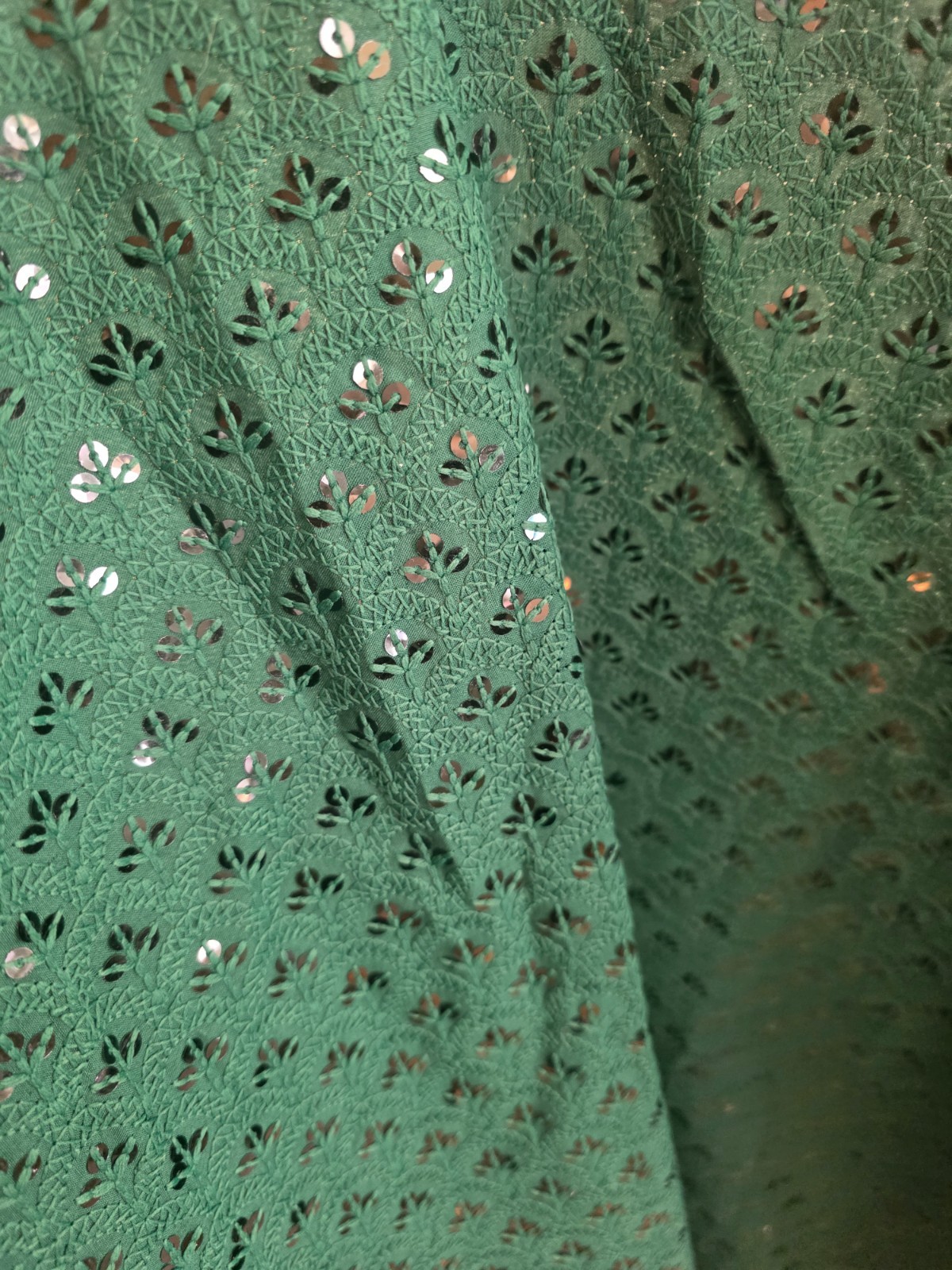 Sequin Embroidered Green Cotton Kurta Tunic Dress Size 46 Boho Festival India