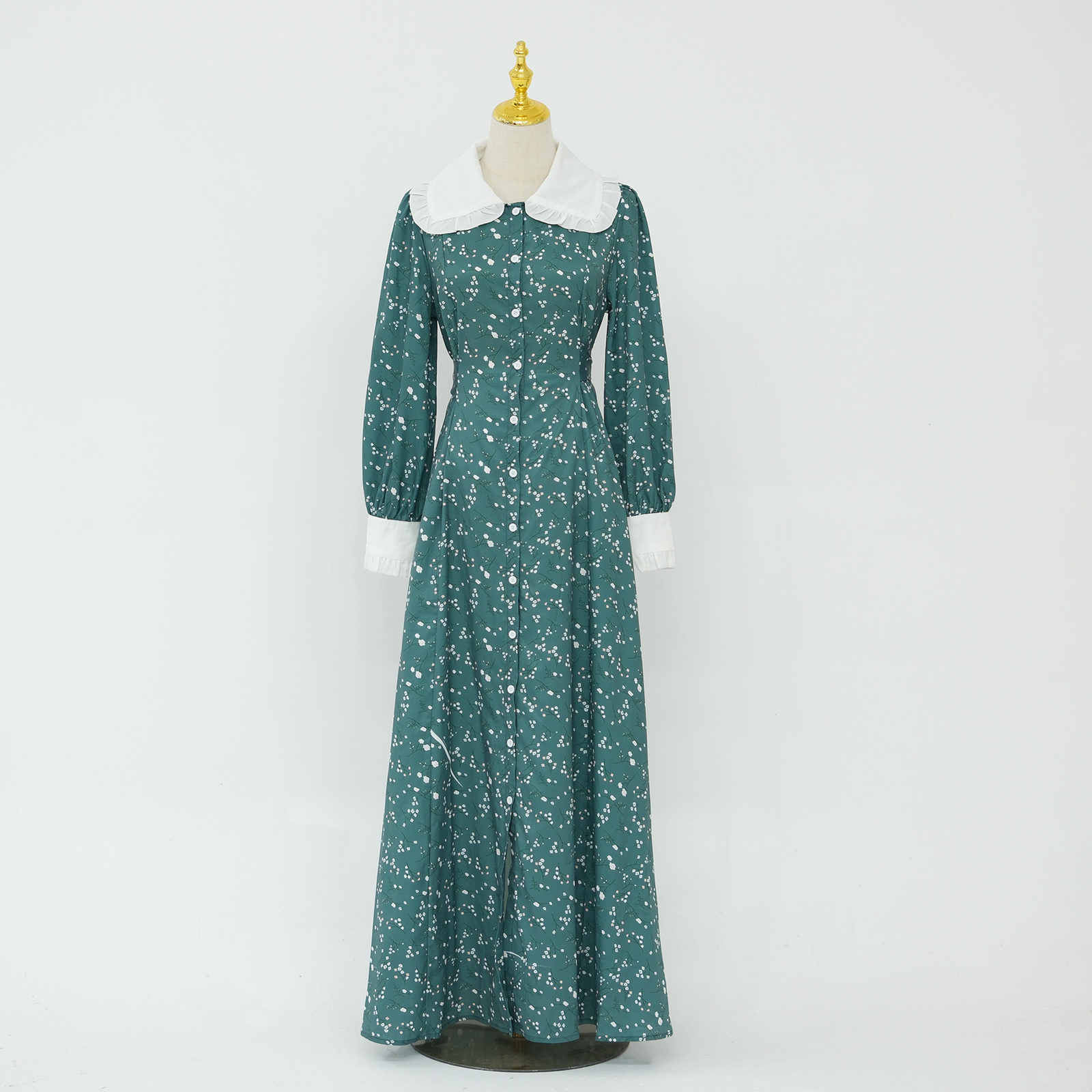 Women Green Print Dress Doll Neck High Waist Muslim Robe Ladies Dubai Party Gown
