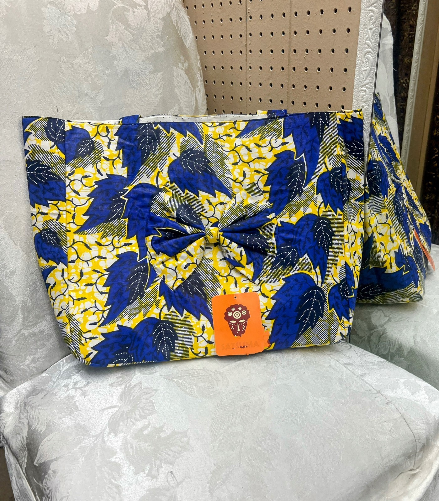 Yellow and Blue Print Shoulder Bag with Inside Zipper Pocket and Inside Lining