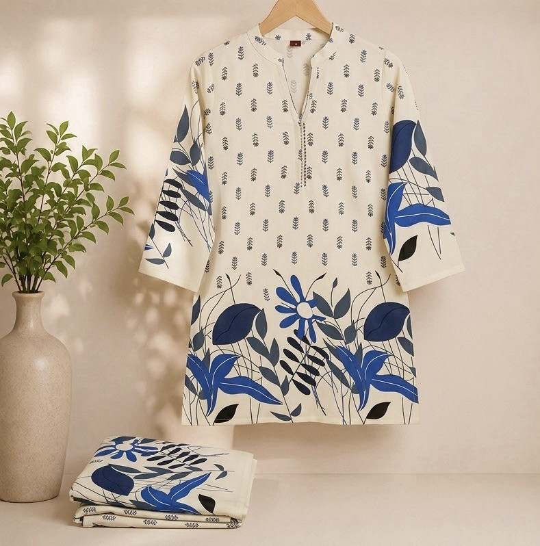Shree Shyam Collection Women’s White Blue Floral Cotton Kurta/Kurti Top Large