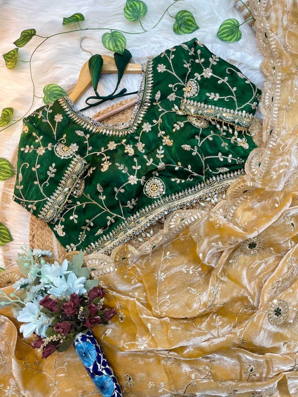 Emerald Green & Antique Gold Organza Saree With Heavy Embroidered Blouse