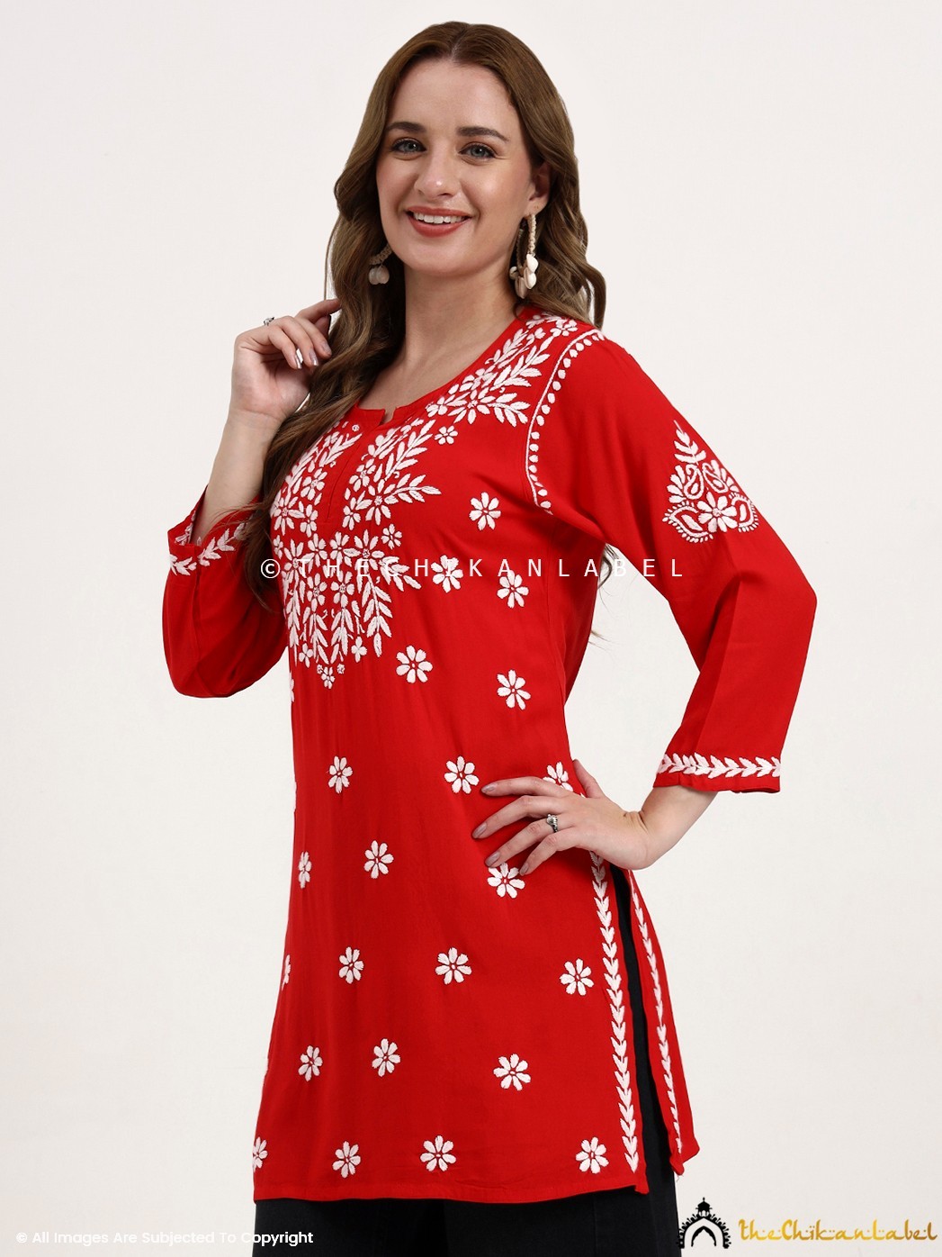 Red Modal Chikankari Short Kurta, Hand-Embroidered Short Kurti Top For Women