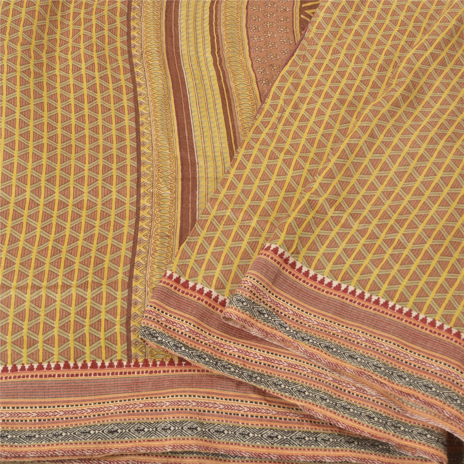 Sanskriti Vintage Multicolor Indian Saree Printed Pure Woolen Fabric 5 Yard Sari