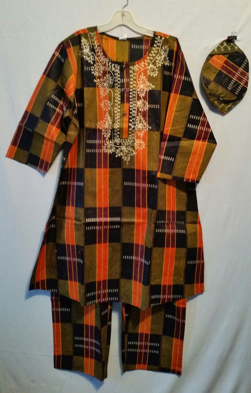 African Kente Cloth Print 3Pcs Pant Set For Men With Cap Free Size