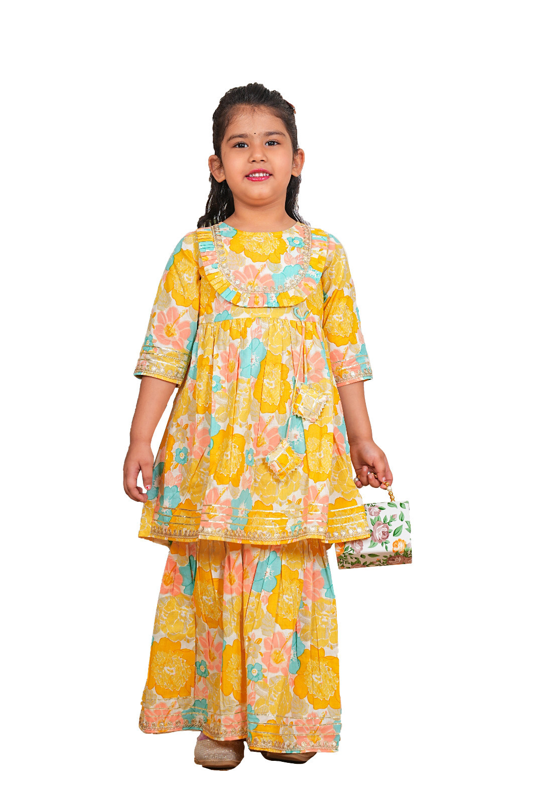Indian Pakistani Kids Girl Cotton Floral Printed Gota Work Kurti with Sharara