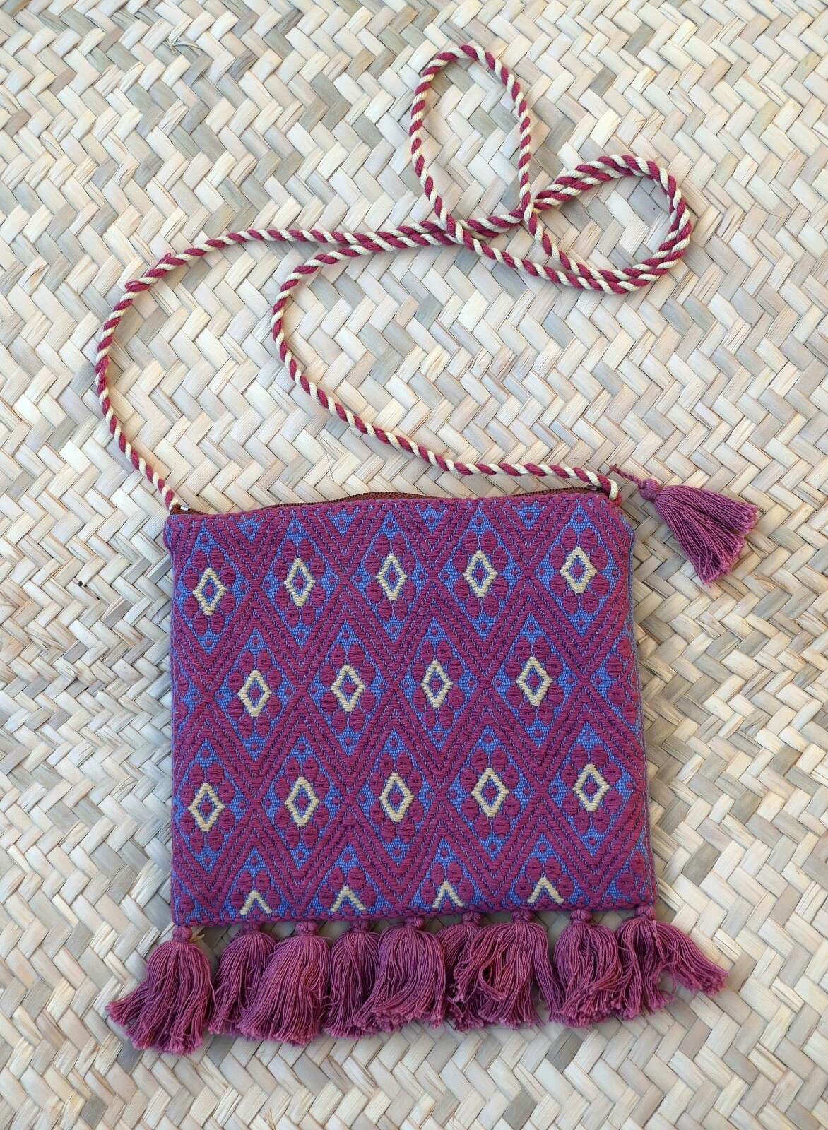 Shoulder Bag Morral Mayan Padded Rose Sand & Blue Handwoven Chiapas Mexico Boho