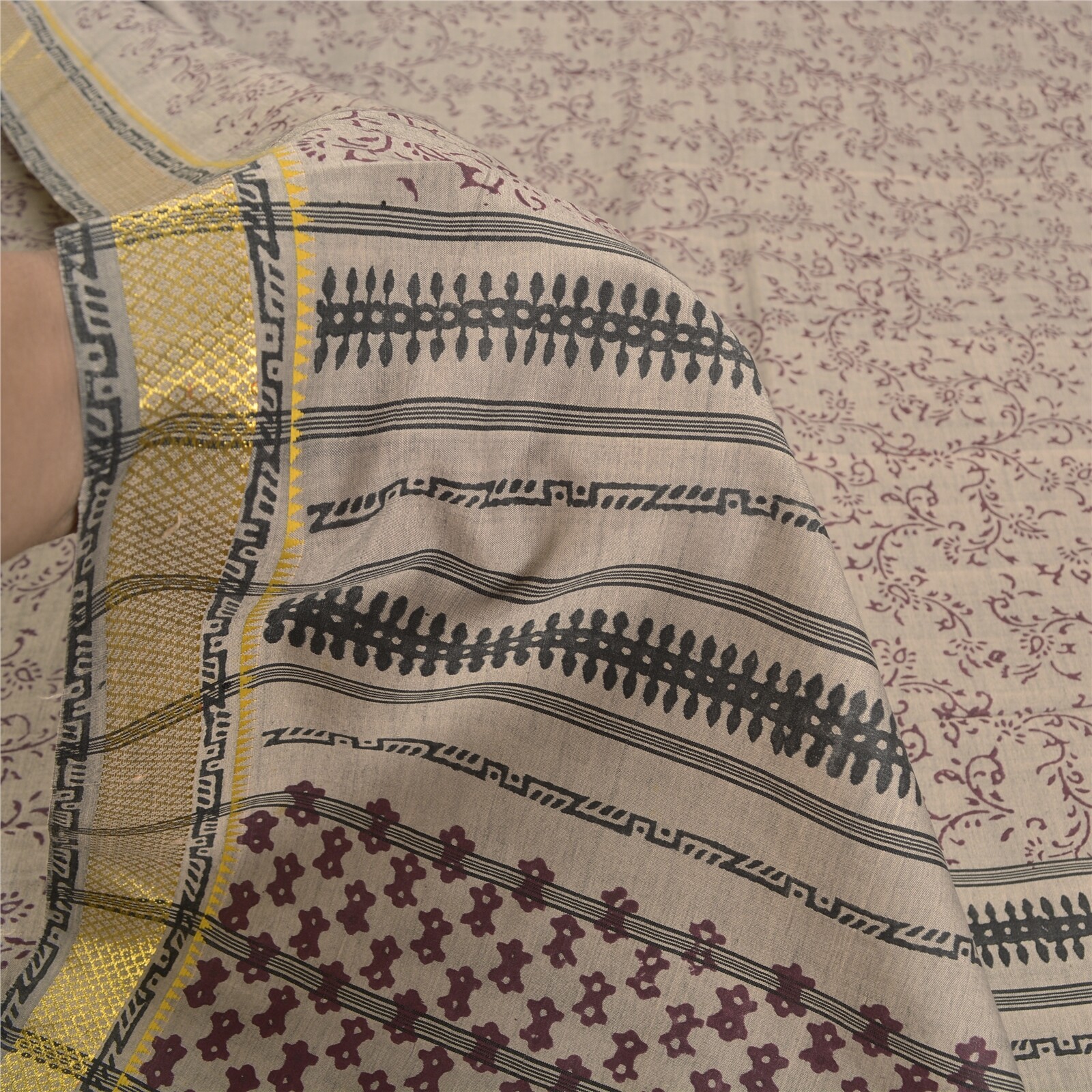 Sanskriti Vintage Grey Indian Sarees Blend Silk Hand-Block Printed Sari Fabric