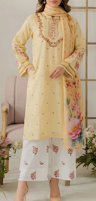 Safistylo Nurgul 3pc Linen Kurta & Pants w/ Chiffon Dupatta Set Yellow Floral -M