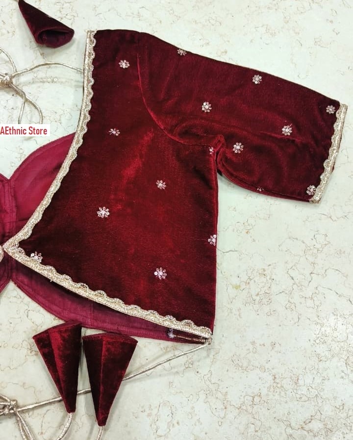Maroon Velvet Embroidered Blouse, Elbow Sleeve bridal Lehenga Crop Top, choli