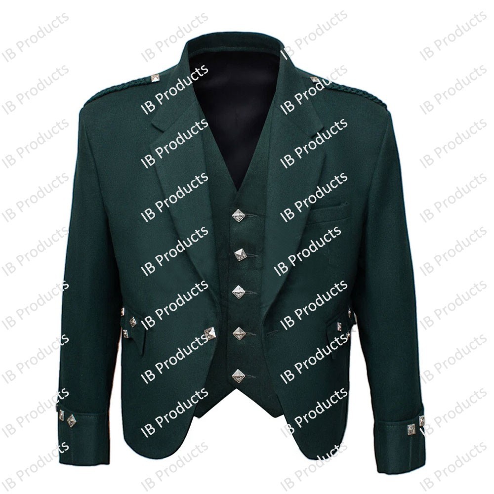 Scottish Argyll Kilt Jacket with Vest 100% Blazer Wool Irish Argyle Jacket Green