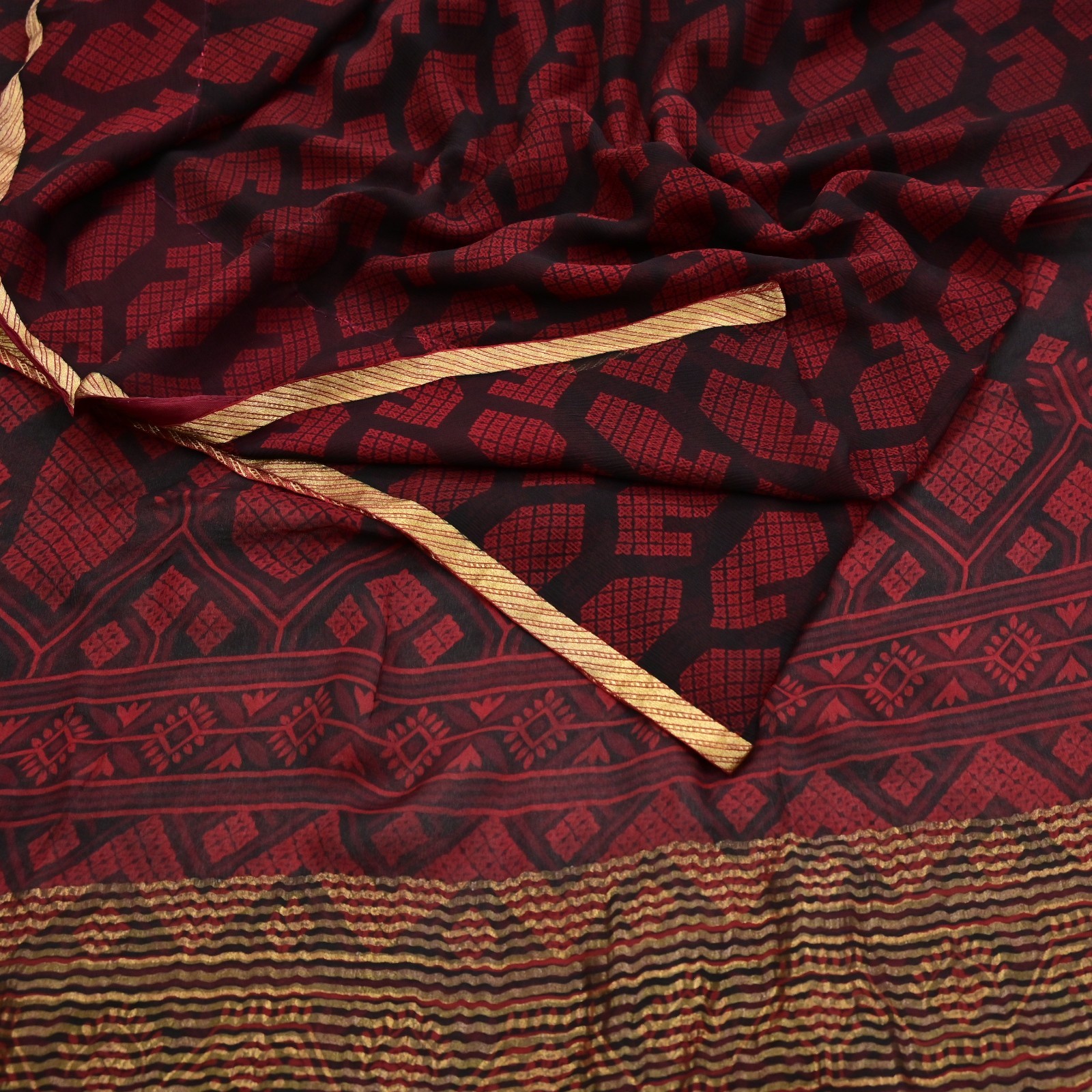 Indian Vintage Sari Black & Red Pure Chiffon Silk Printed Sarees 5Yd Fabric soft