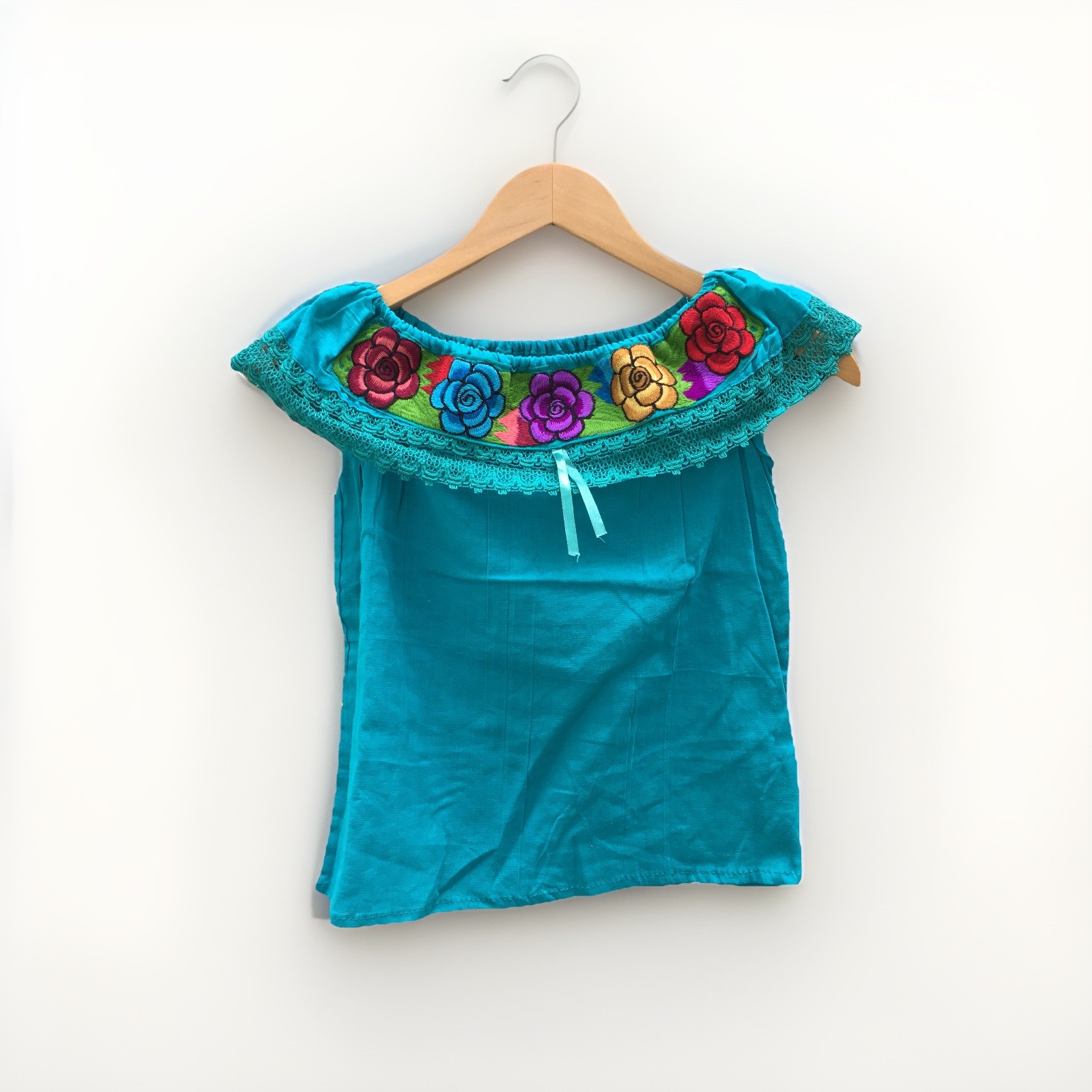 Handmade Girls Embroidered Mexican Blouse – Size 6 – Off the Shoulder Blouse