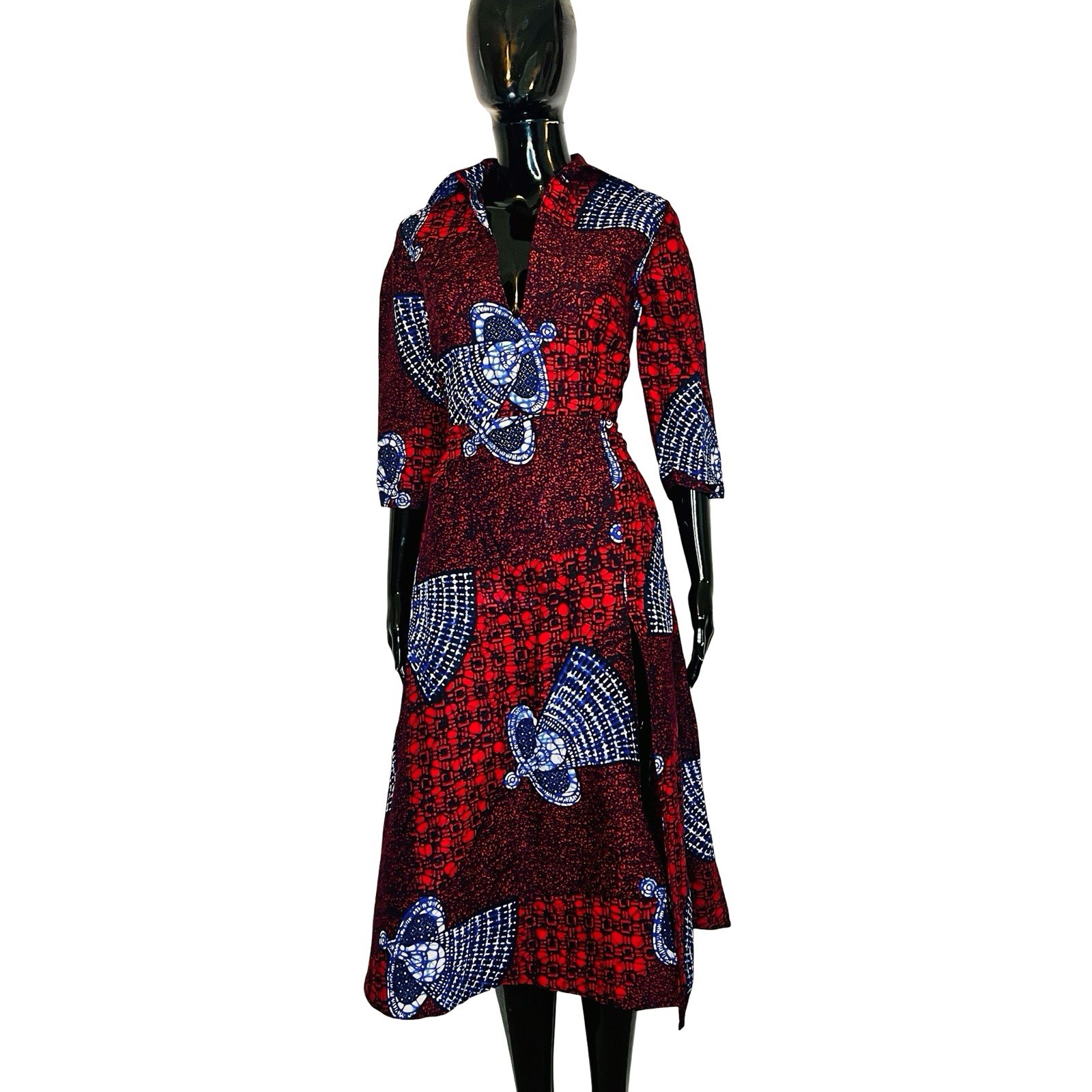 Red African Prints Women Midi Collar Shirt Dress ￼