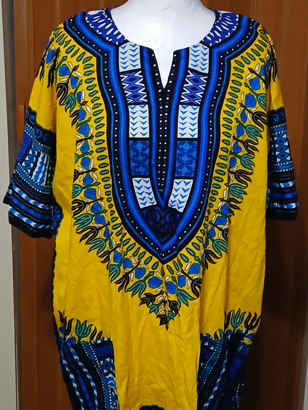 NF Dashiki shirt with front pockets Yellow/Blue 100% Cotton FREE SIZE
