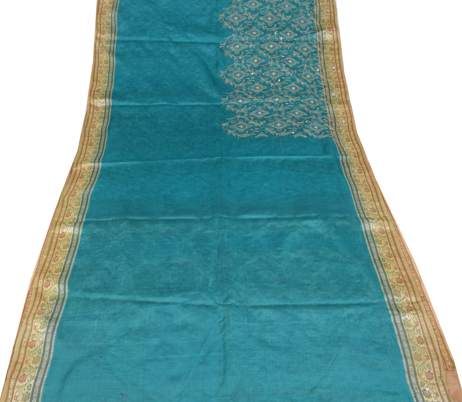 Sushila Vintage Teal Blue Saree Pure Tussar Silk Embroidered Zari Woven Sari Fab