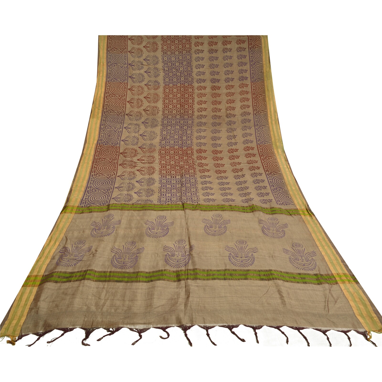 Sanskriti Vintage Brown Sarees Cotton Silk Hand-Block Printed Woven Sari Fabric