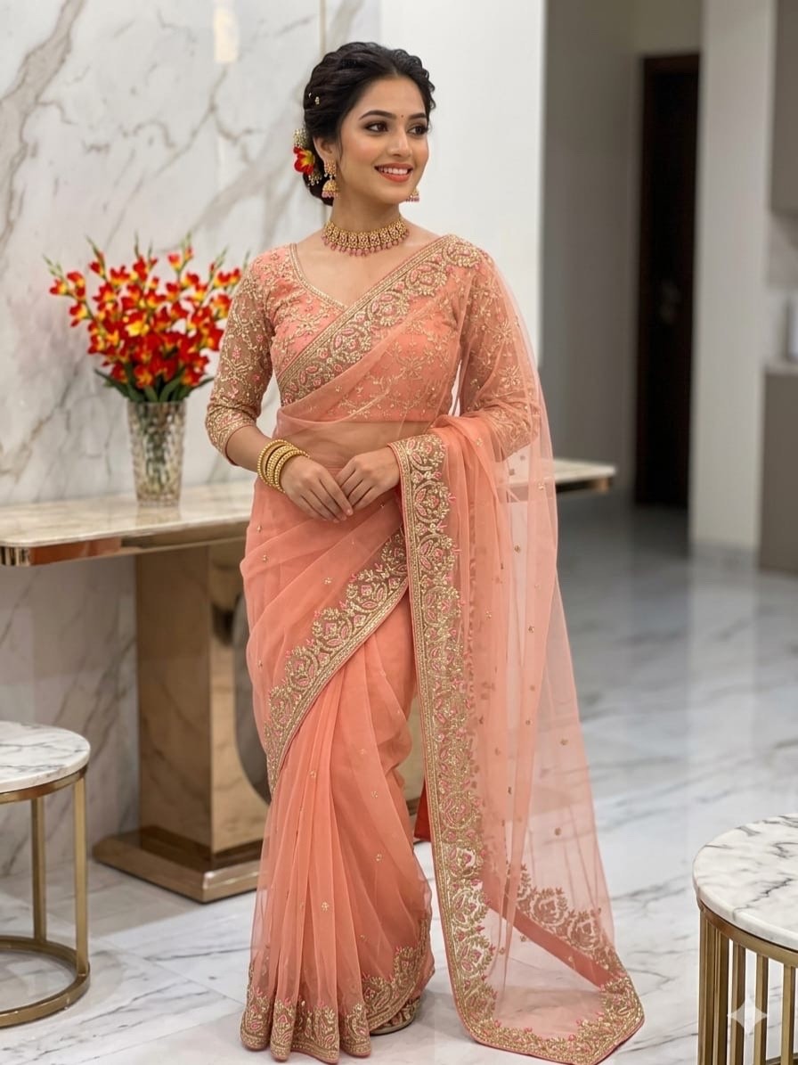 Designer sequin net embroidered saree with ready to wear blouse set for women