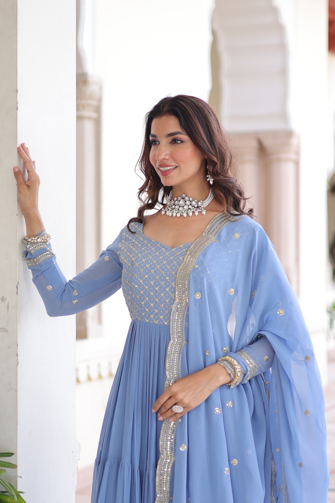 Indian Style Faux Georgette Blue Salwar Kameez With Dupatta For Women Wear
