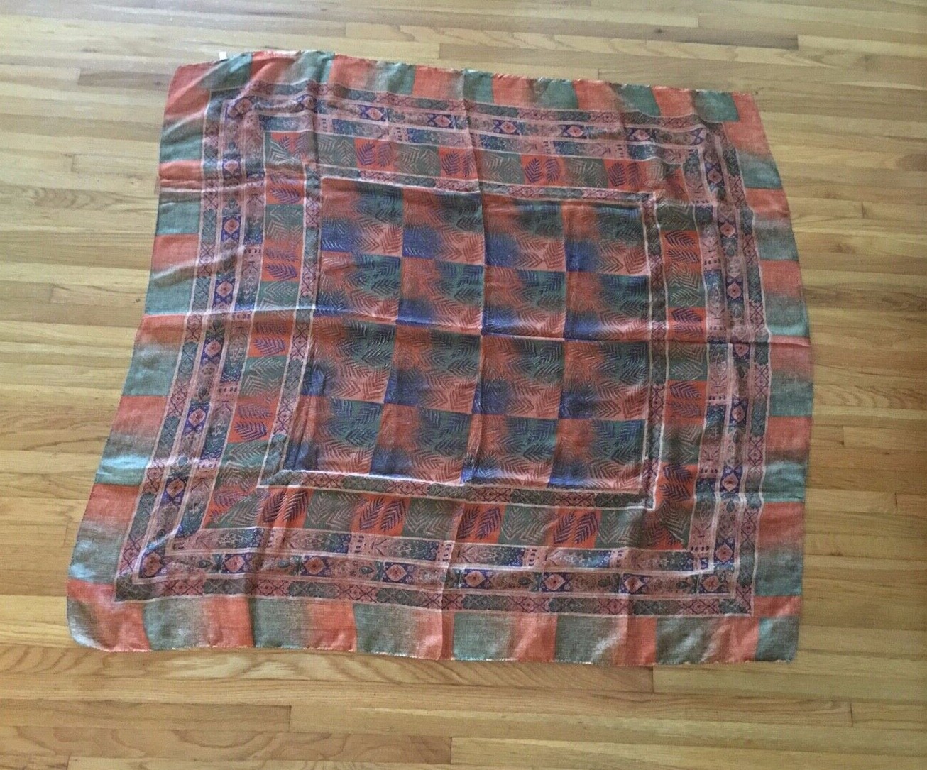 Christina Art Printed 100%Silk Square Scarf Shawl, rust, green, blue 44” Square