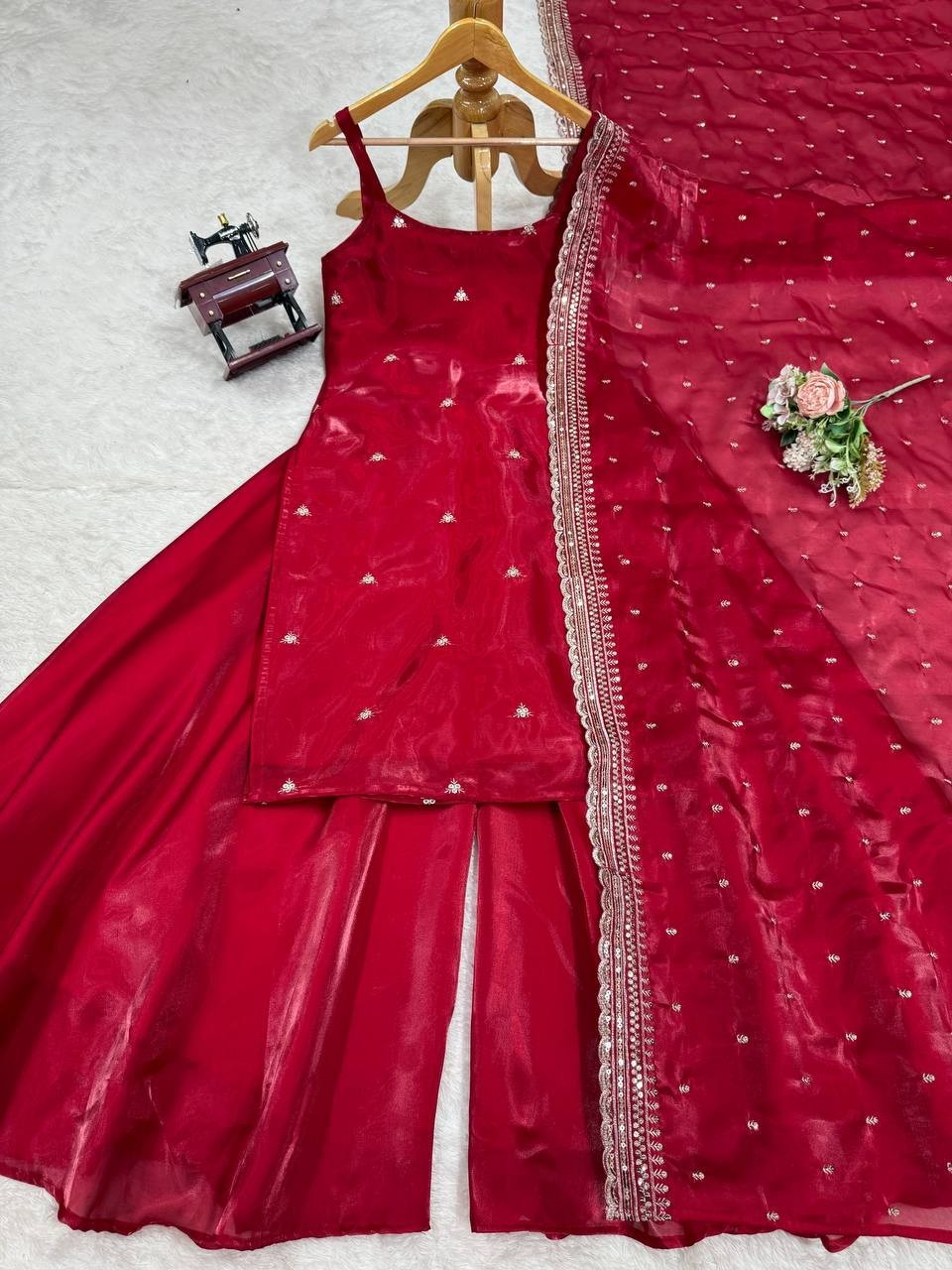 Stunning Look Gmy Silk Red Top Palazzo With Dupatta For Women Party Wear