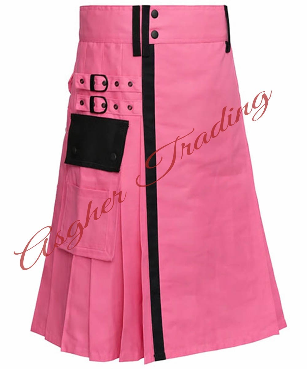 Handmade Pink & Black kilt Cotton Hybrid Utility kilt For Men, Custom Size Kilts