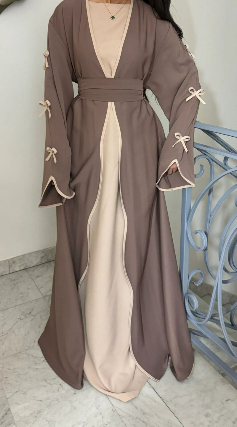 Muslim Eid Gown Modest Abaya Women Bow Batwing Sleeve Kaftan Dress Waist Robe