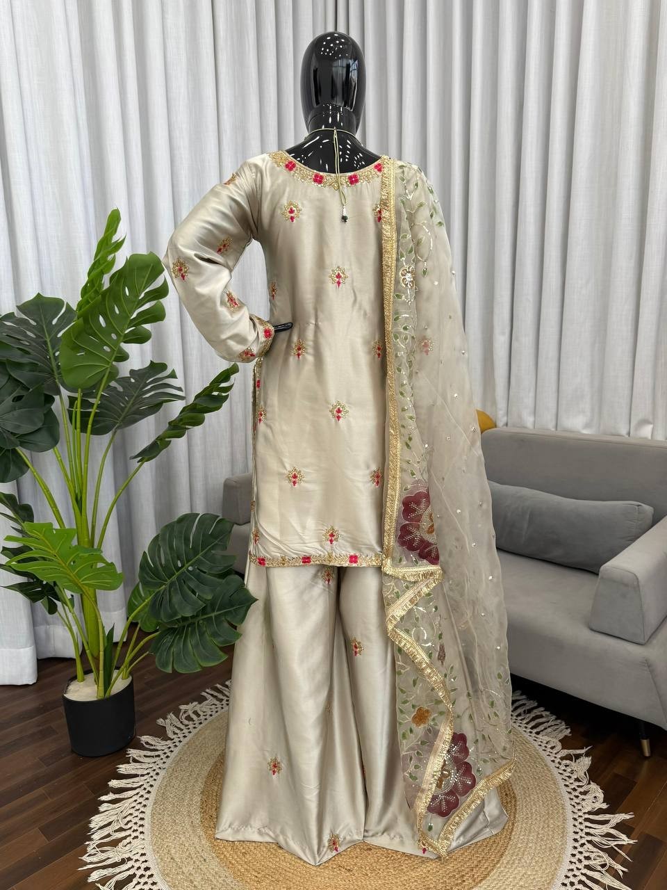 Presenting Japan Satin Silk Grey Top Palazzo With Dupatta For Festival Wear