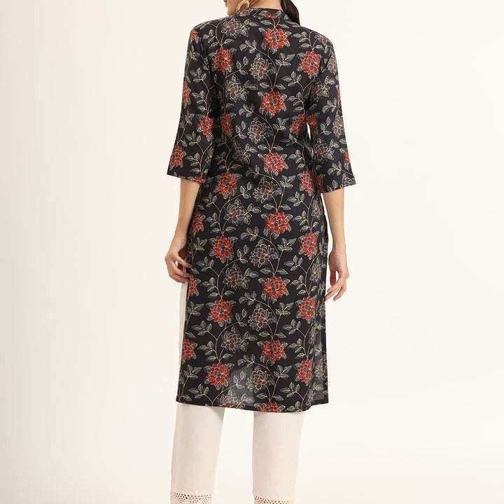 XS–4XL Black Floral Print Rayon Kurta Women Straight Kurti