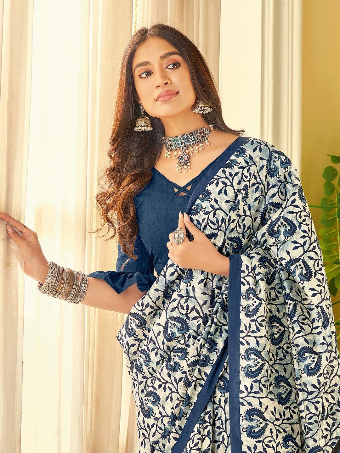 Designer Silk Blend Dabu Saree Ethnic Motifs Indian Traditional Sari with Blouse