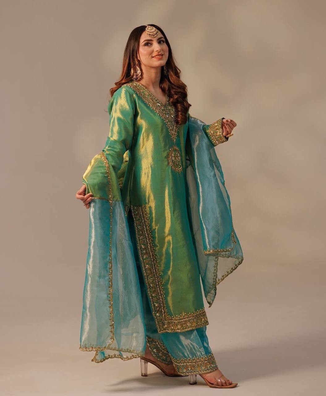 Engagement Wear Green Twill Net Silk Kurta Palazzo With Dupatta For Women