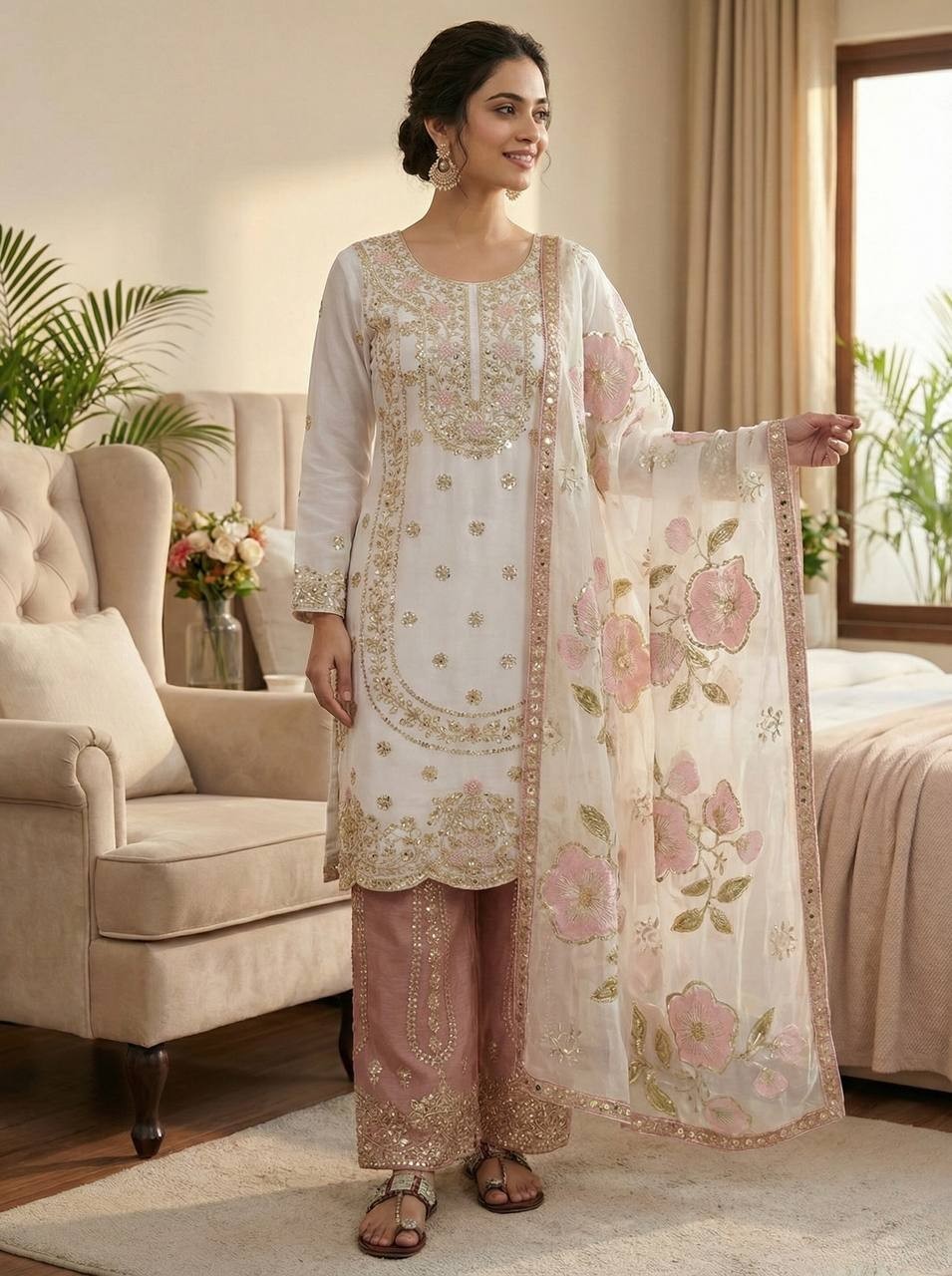 Latest Silk Dusty Pink Kurta Palazzo With Dupatta For Indian Functional Wear