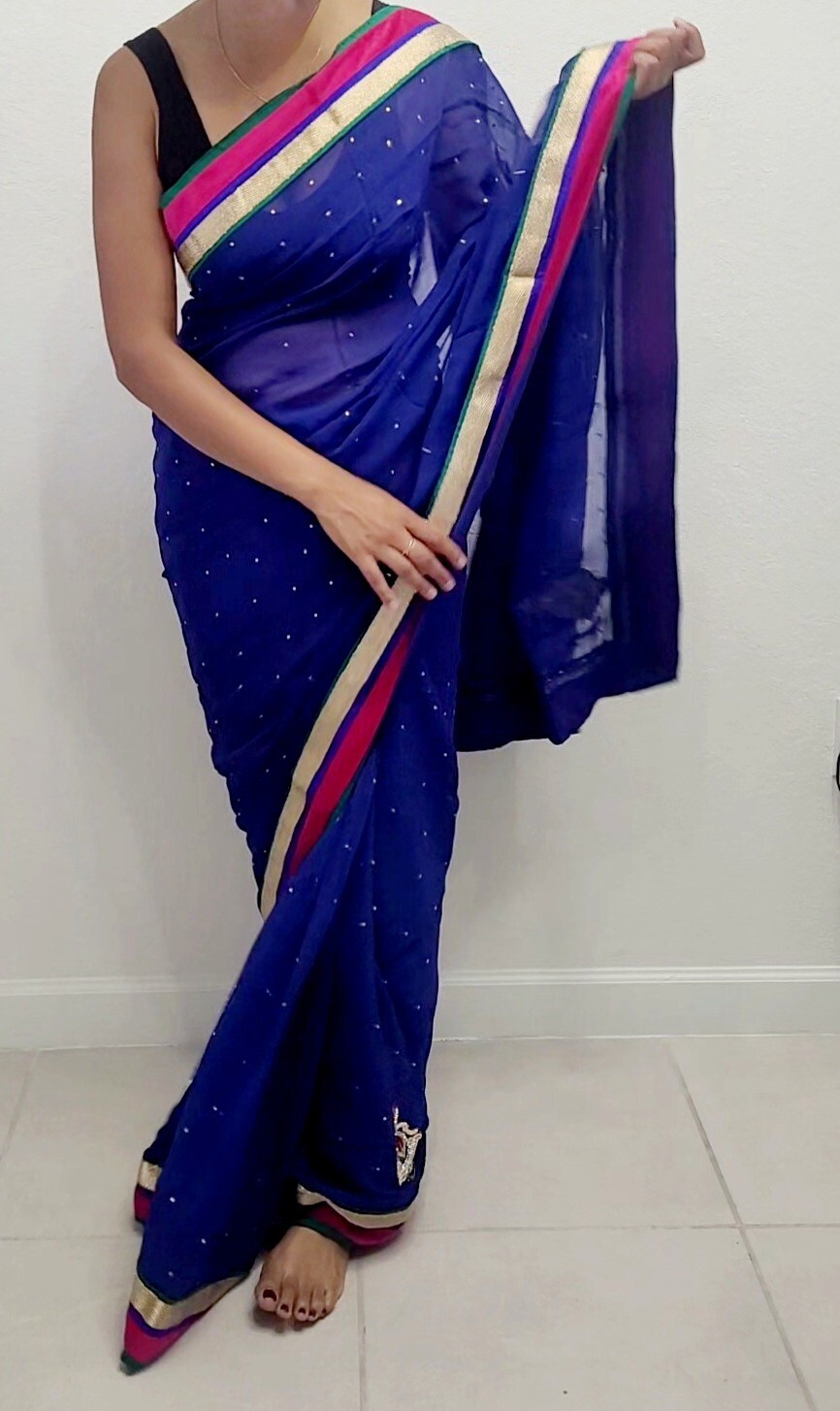 Navy Blue saree/sari w/ Hot Pink And Gold Border, Indian Sari Outfit-1 piece