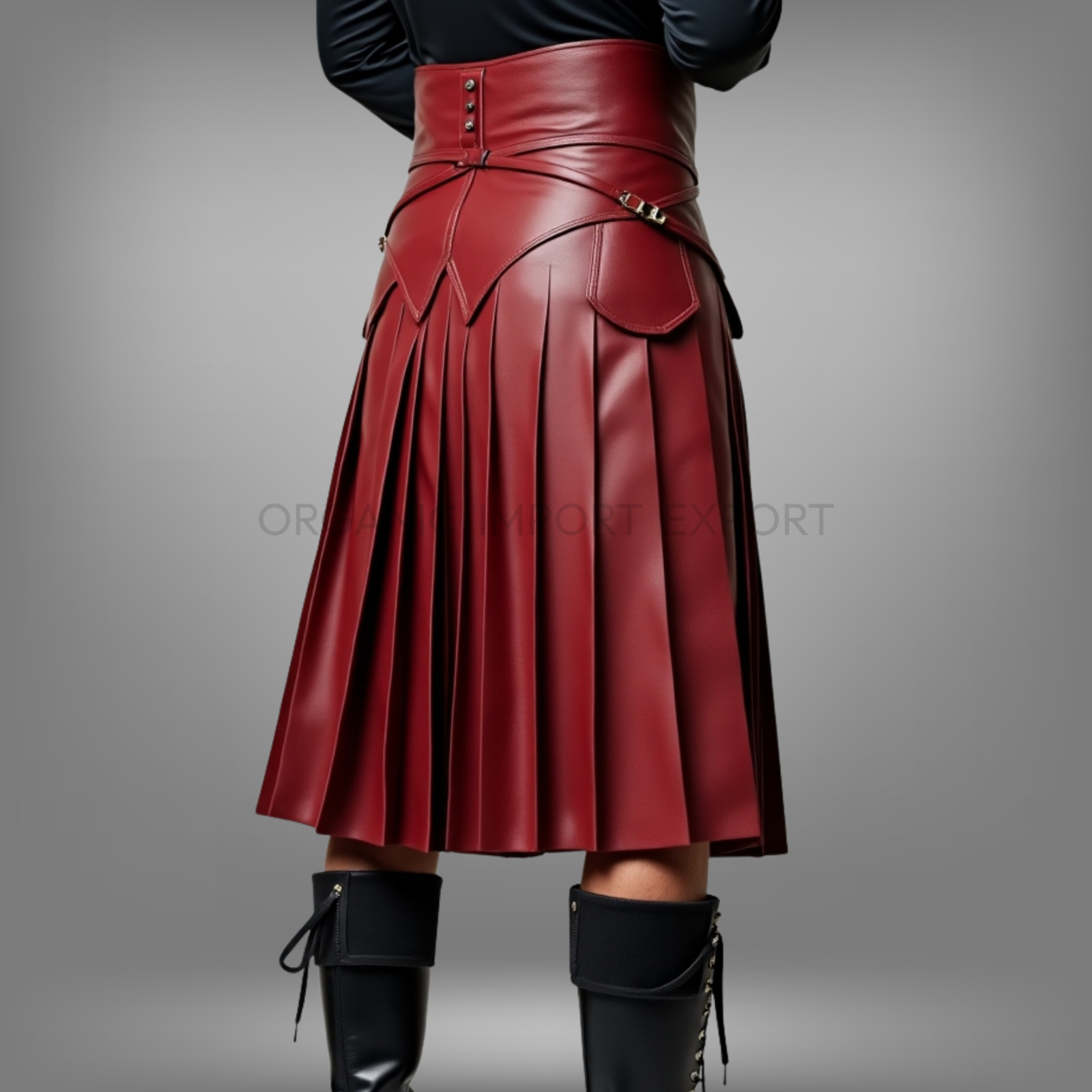 Men’s Red Leather Kilt Warrior Style Pleated Skirt Gothic Steampunk Outfit