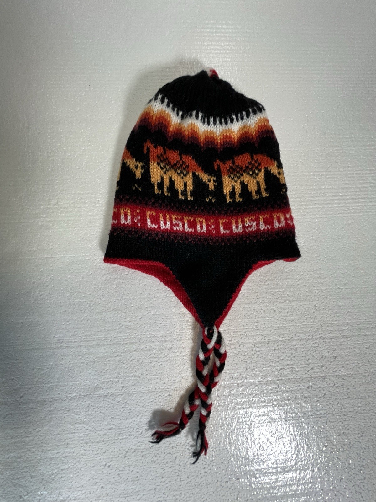 Handmade Peruvian Chullo Knit Hat Cusco Design Llama Motif Ear Flaps Acrylic