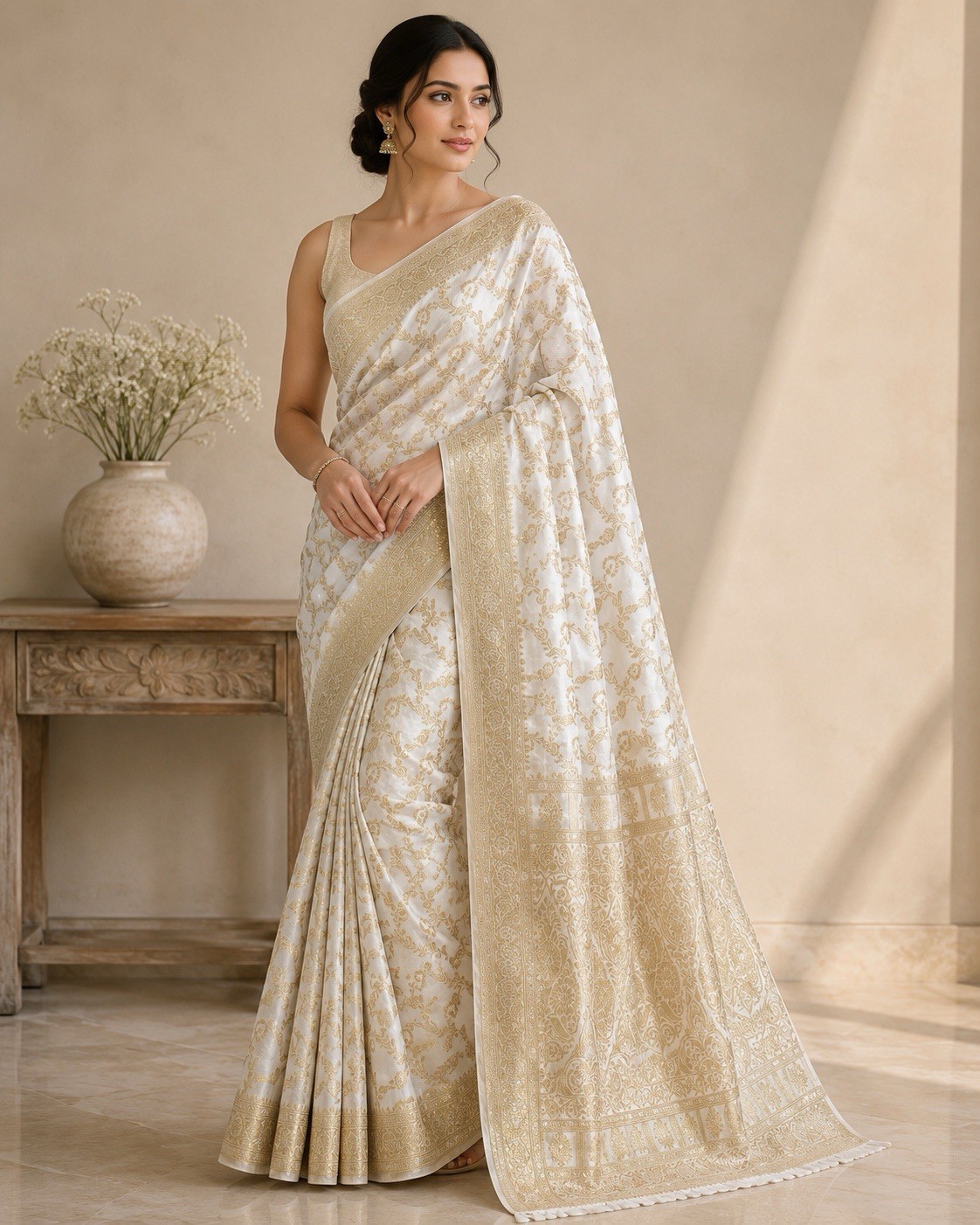 Ivory Gold Zari Banarasi Dola Silk Saree | Floral Woven Indian Wedding Party Wea